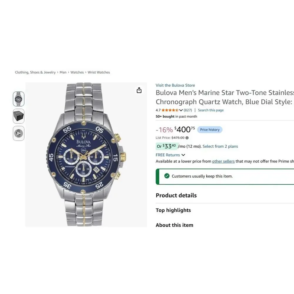 NEW RARE Bulova Men's Marine Star Two-Tone Watch 98B400